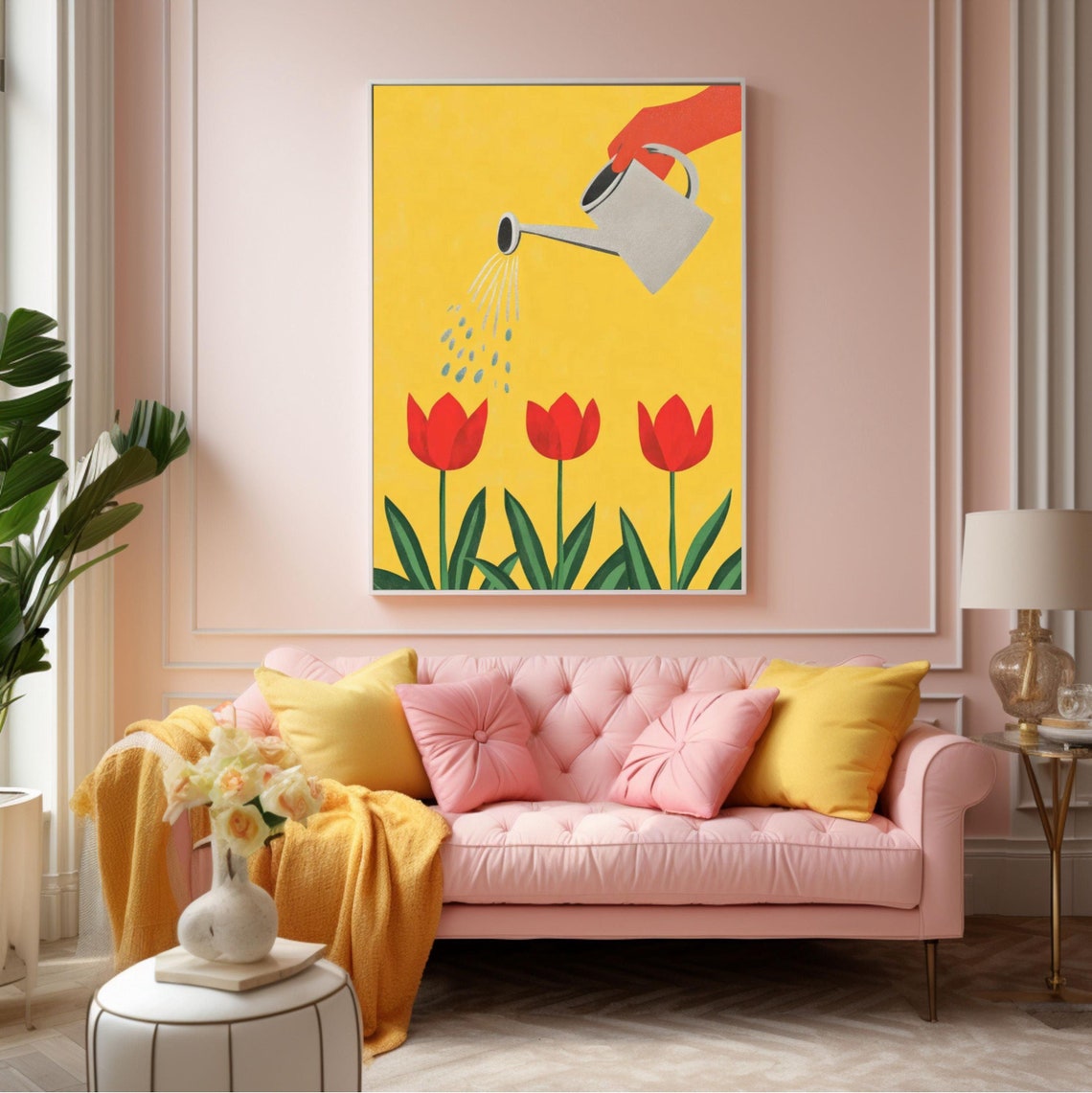 Bright Yellow Hand Watering Three Red Tulips Graphic Art Poster