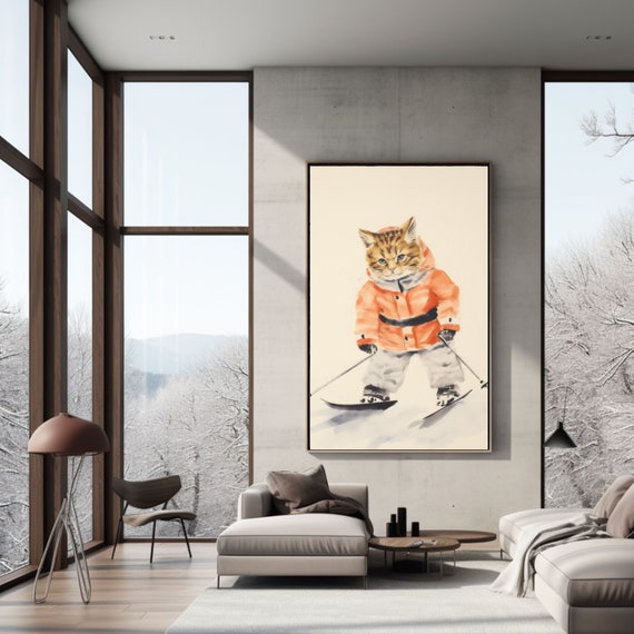 Vintage Skiing Cat Poster, Retro Winter Animal Art Print