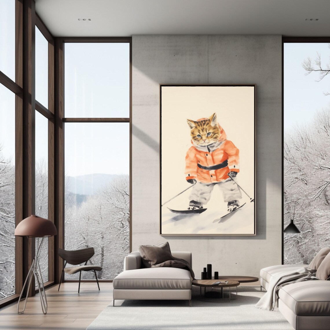 Vintage Skiing Cat Poster, Retro Winter Animal Art Print