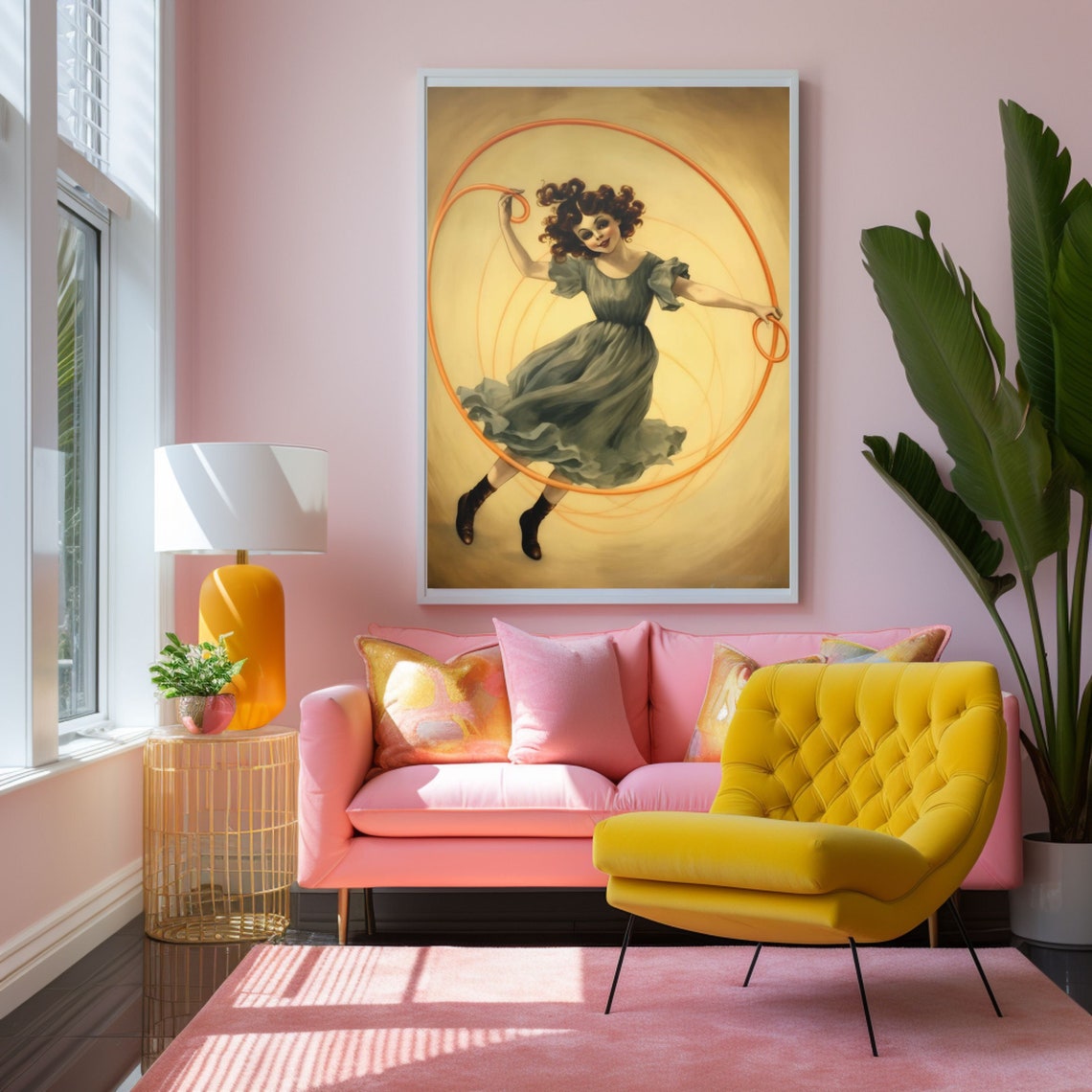 Joyful Girl Leaping Through a Hula Hoop Vintage Style Art Poster