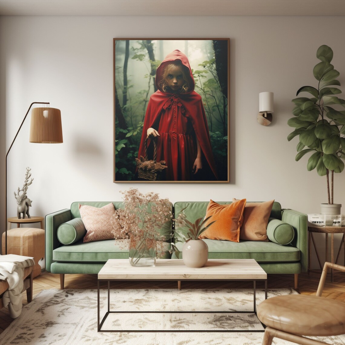 Cinematic Little Red Riding Hood Portrait in a Misty Forest Poster