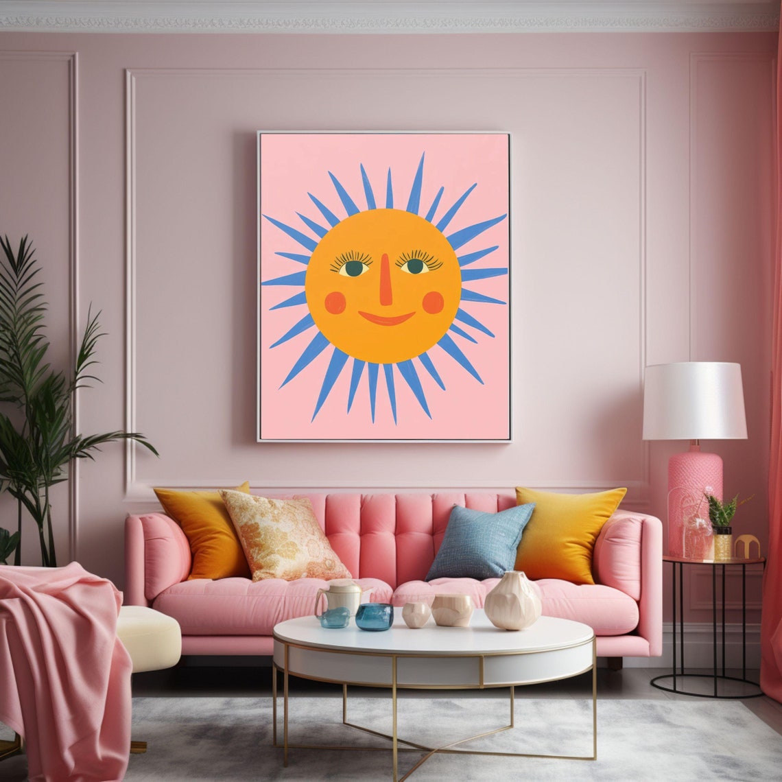 Smiling Sun Face With Blue Rays Pink Background Kids Art Poster