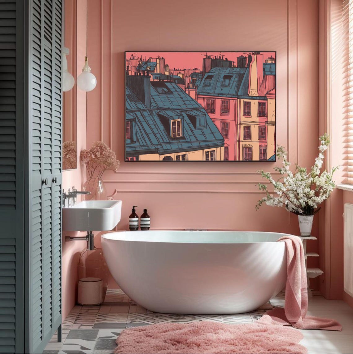 Paris Rooftops At Sunset Pink Skyline City Illustration Poster