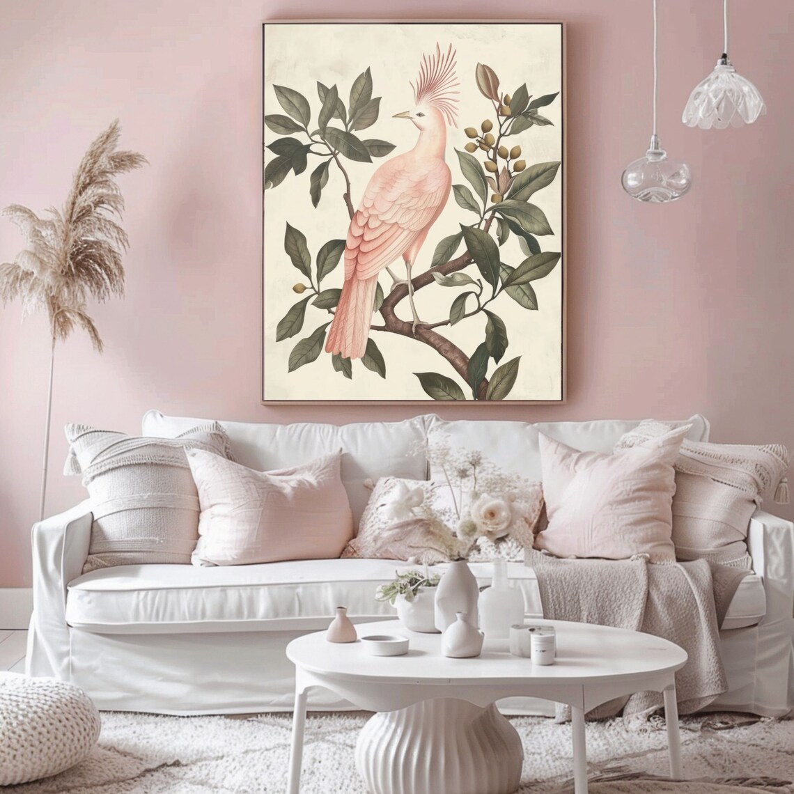 Vintage Pink Bird of Paradise Poster, Retro Wall Art
