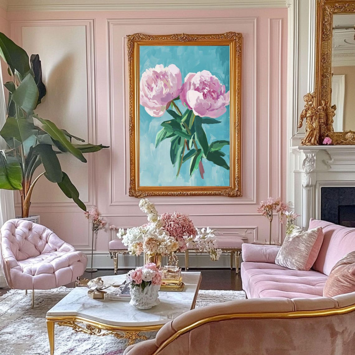 Two Pink Peonies On Turquoise Dreamy Elegant Floral Art Poster