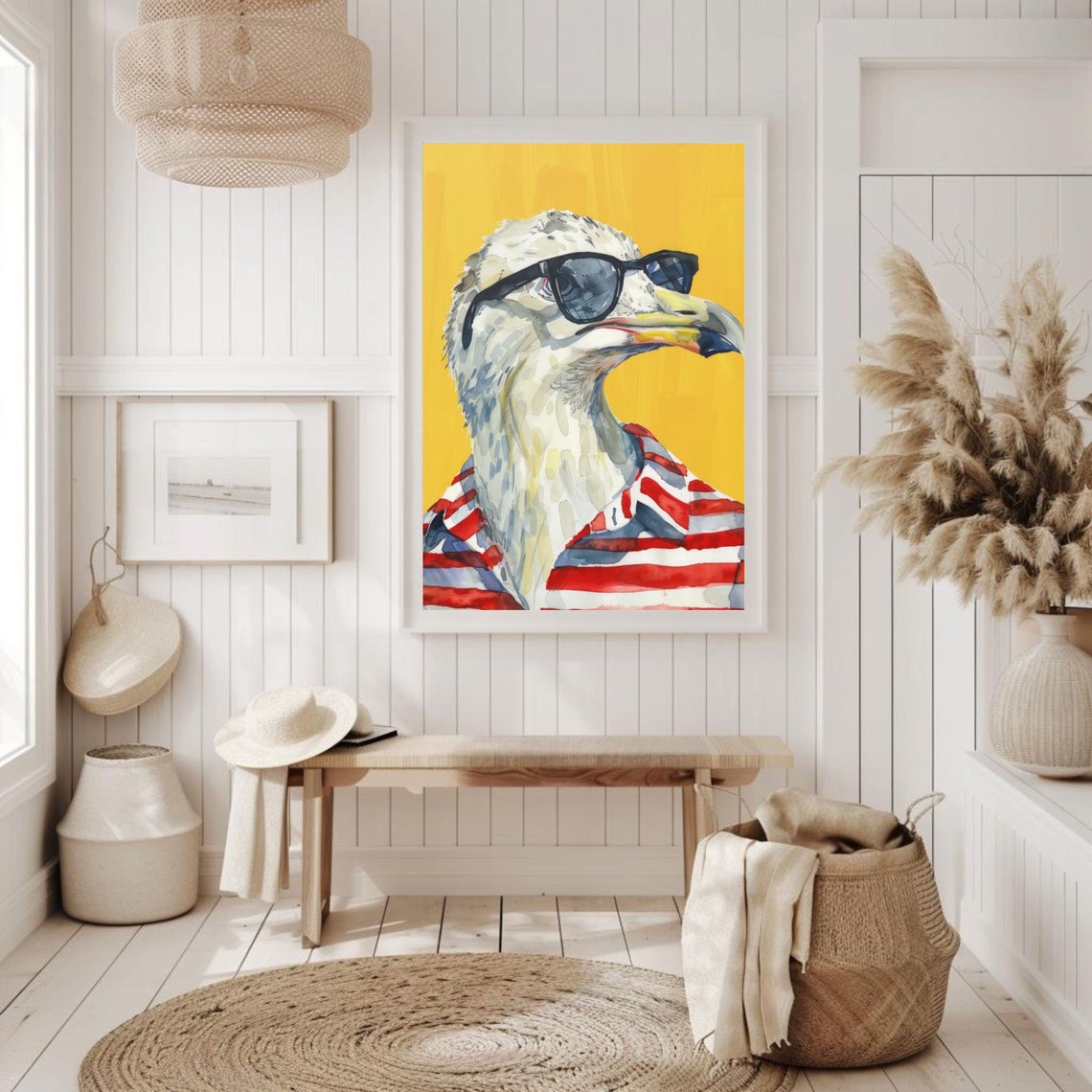Funny Seagull in Sunglasses Yellow Beach Watercolor Art Poster