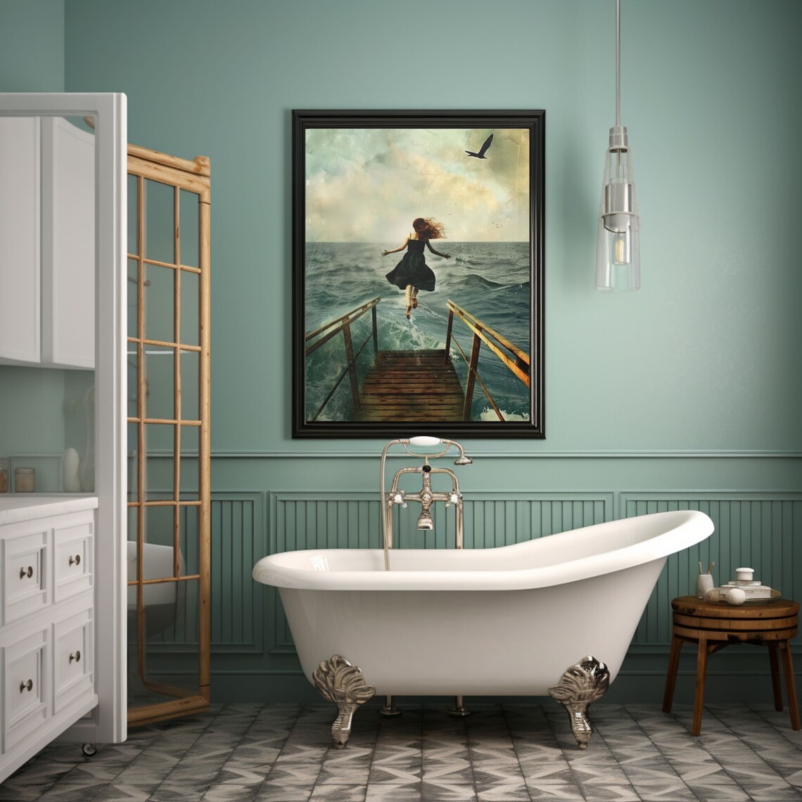 Woman Jumping Off a Pier Into the Sea Painterly Ocean Art Poster