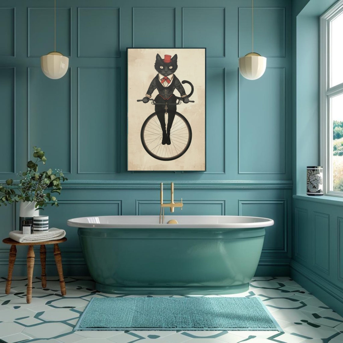Dapper Black Cat on a Penny Farthing Vintage Style Art Poster
