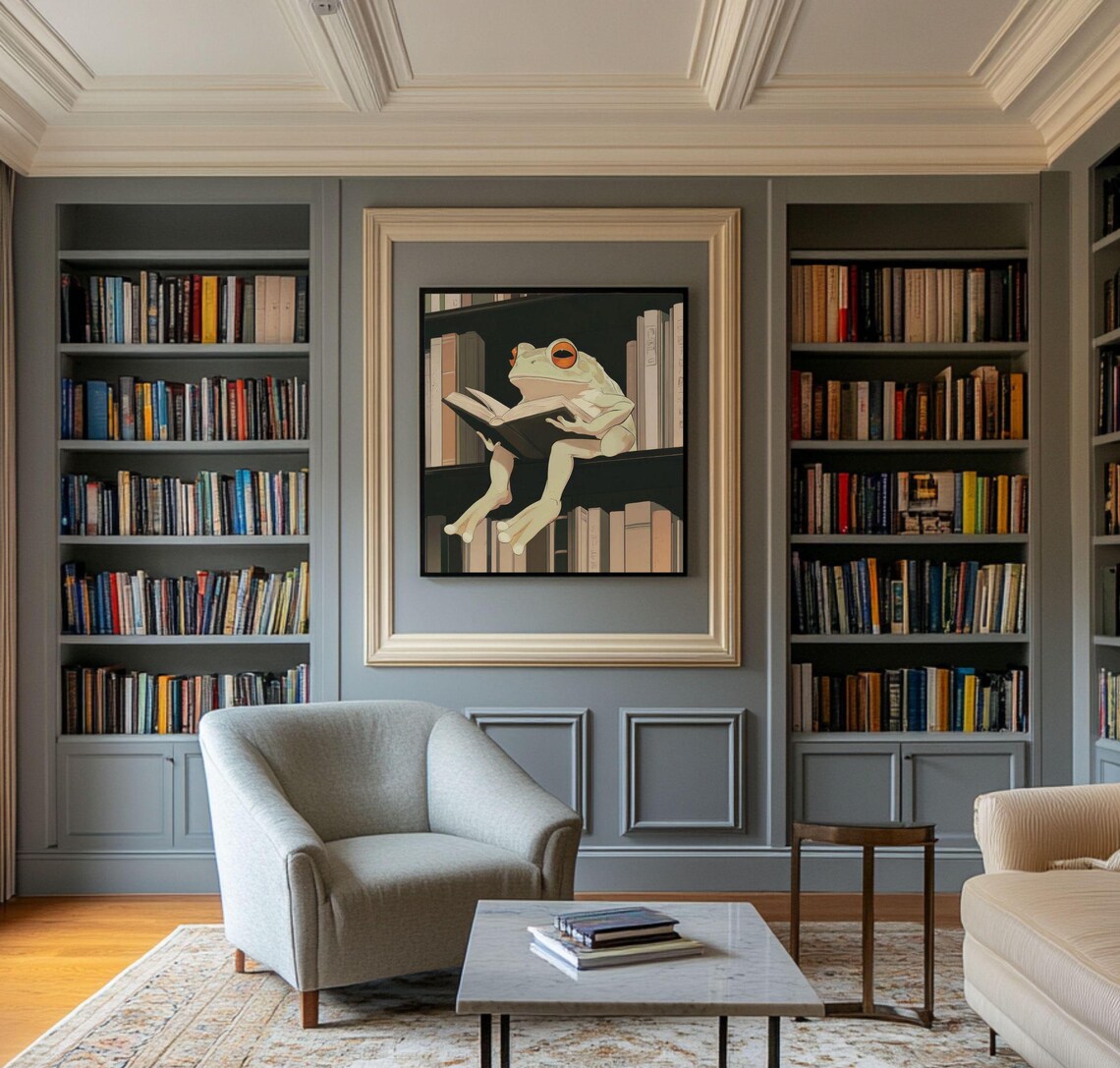 Whimsical Frog Reading Art Print, Book Lover Decor