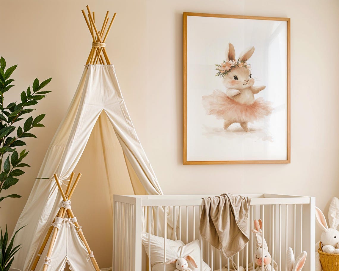 Twirling Ballet Bunny Watercolor Nursery Wall Art in Pink Tutu