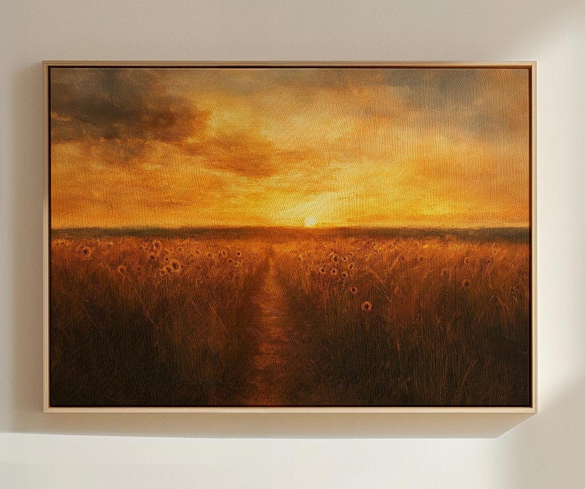 Golden Sunset Glow Over an Endless Sunflower Field Path Poster - Image 5