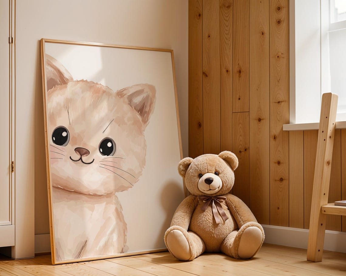 Adorable Cute Watercolor Kitten Nursery Wall Art Big Eyes Baby Cat - Image 3