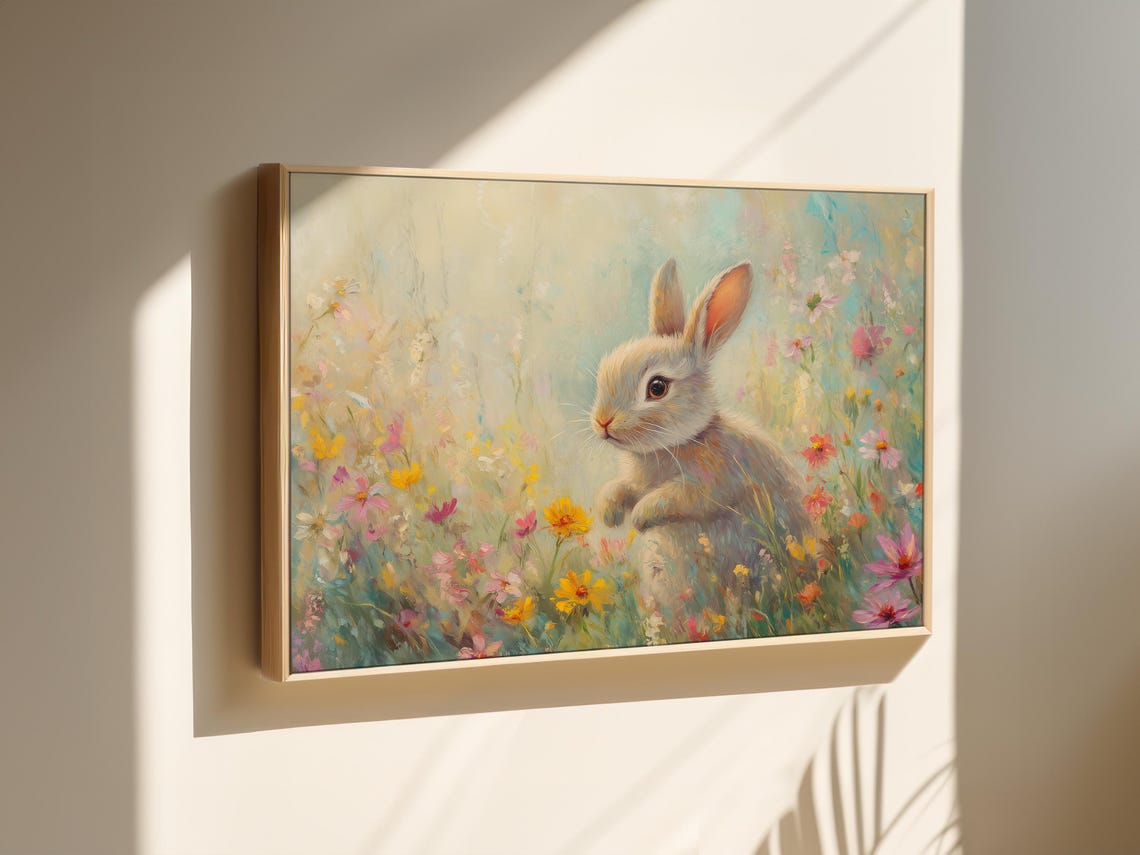 Playful Gray Bunny in a Bright Wildflower Meadow Scene Art Poster - Image 3