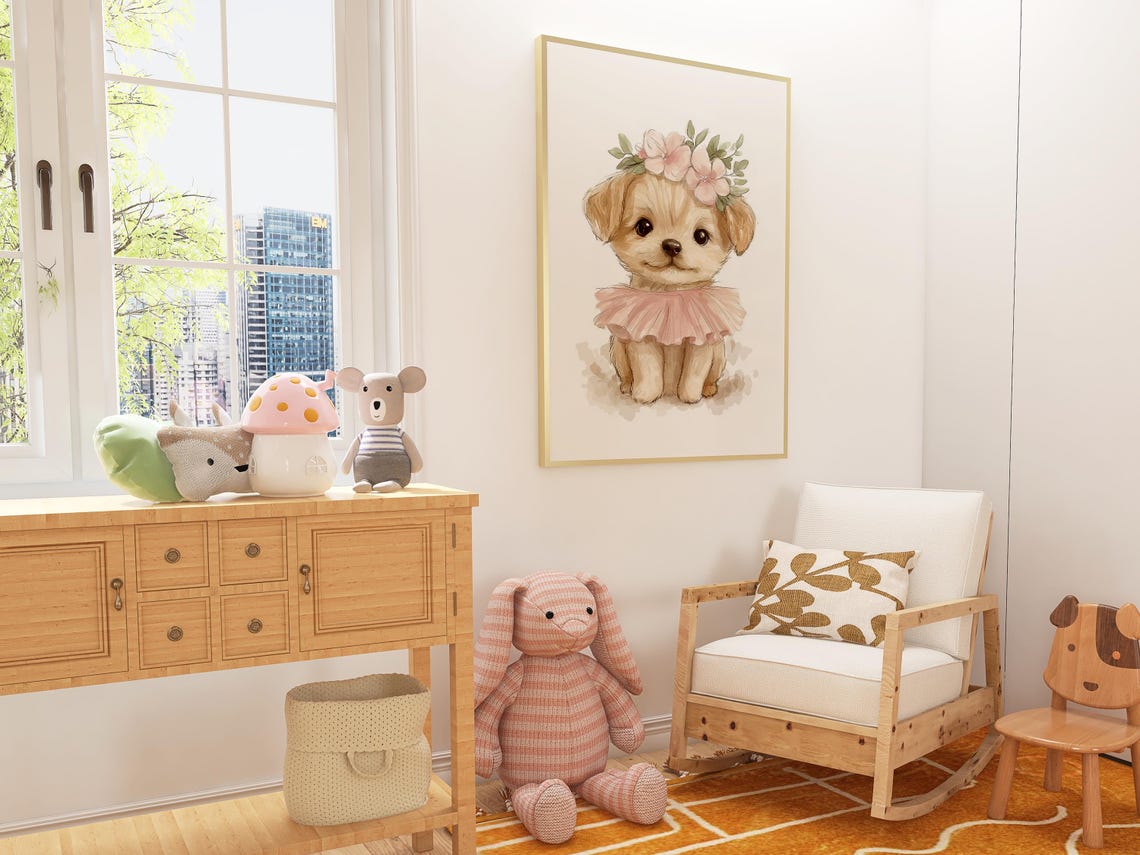 Sweet Watercolor Puppy Ballerina in Pink Tutu Nursery Art Poster