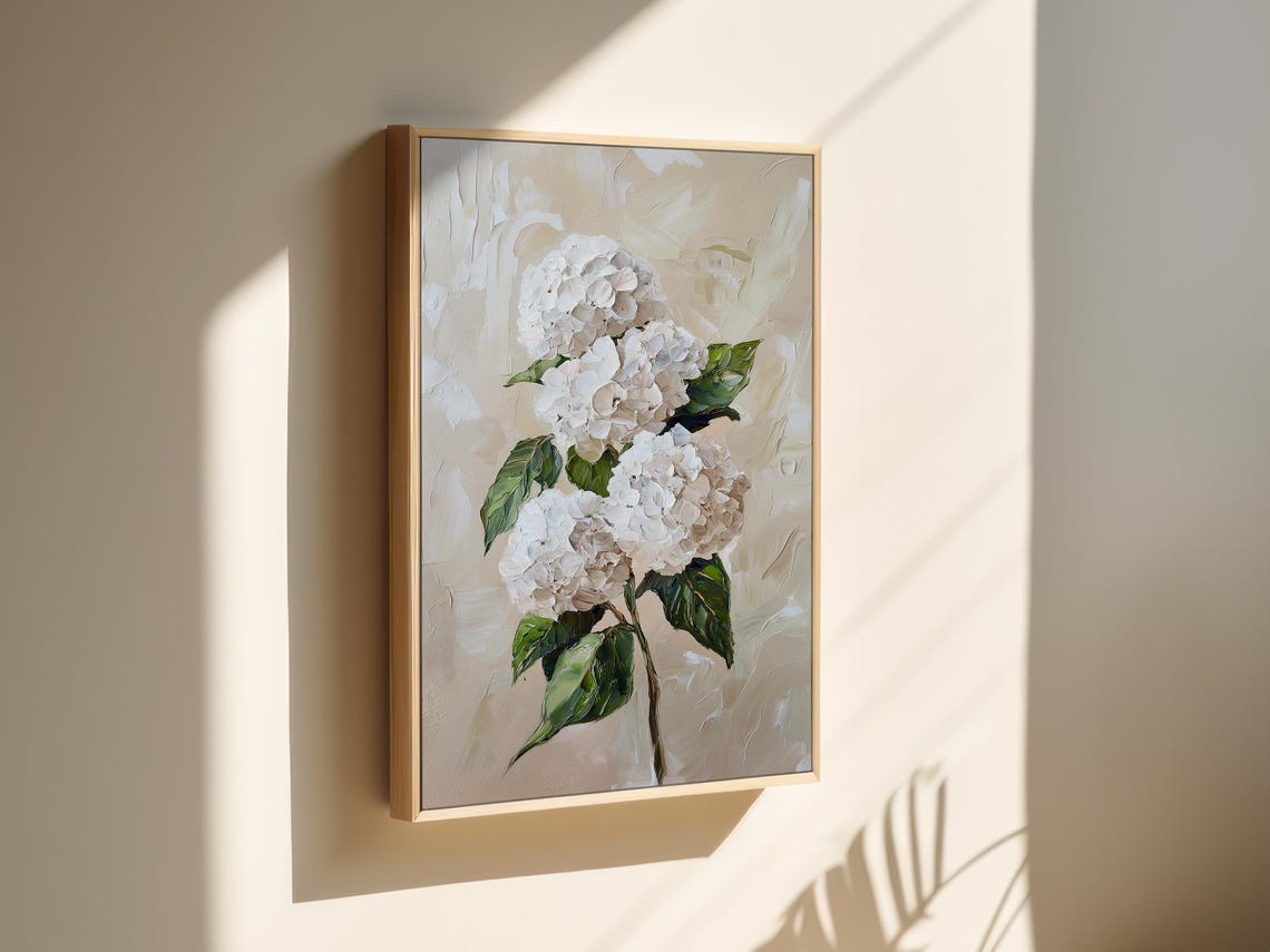 Classic White Hydrangea Blossom Textured Impasto Style Art Poster - Image 2