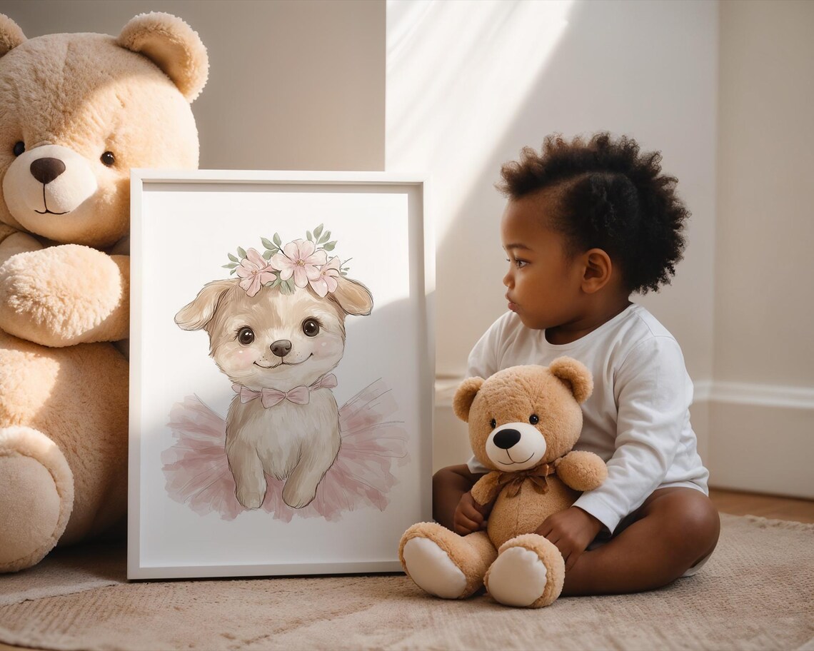 Sweet Ballerina Puppy Watercolor Nursery Wall Art Pink Tutu Crown - Image 4