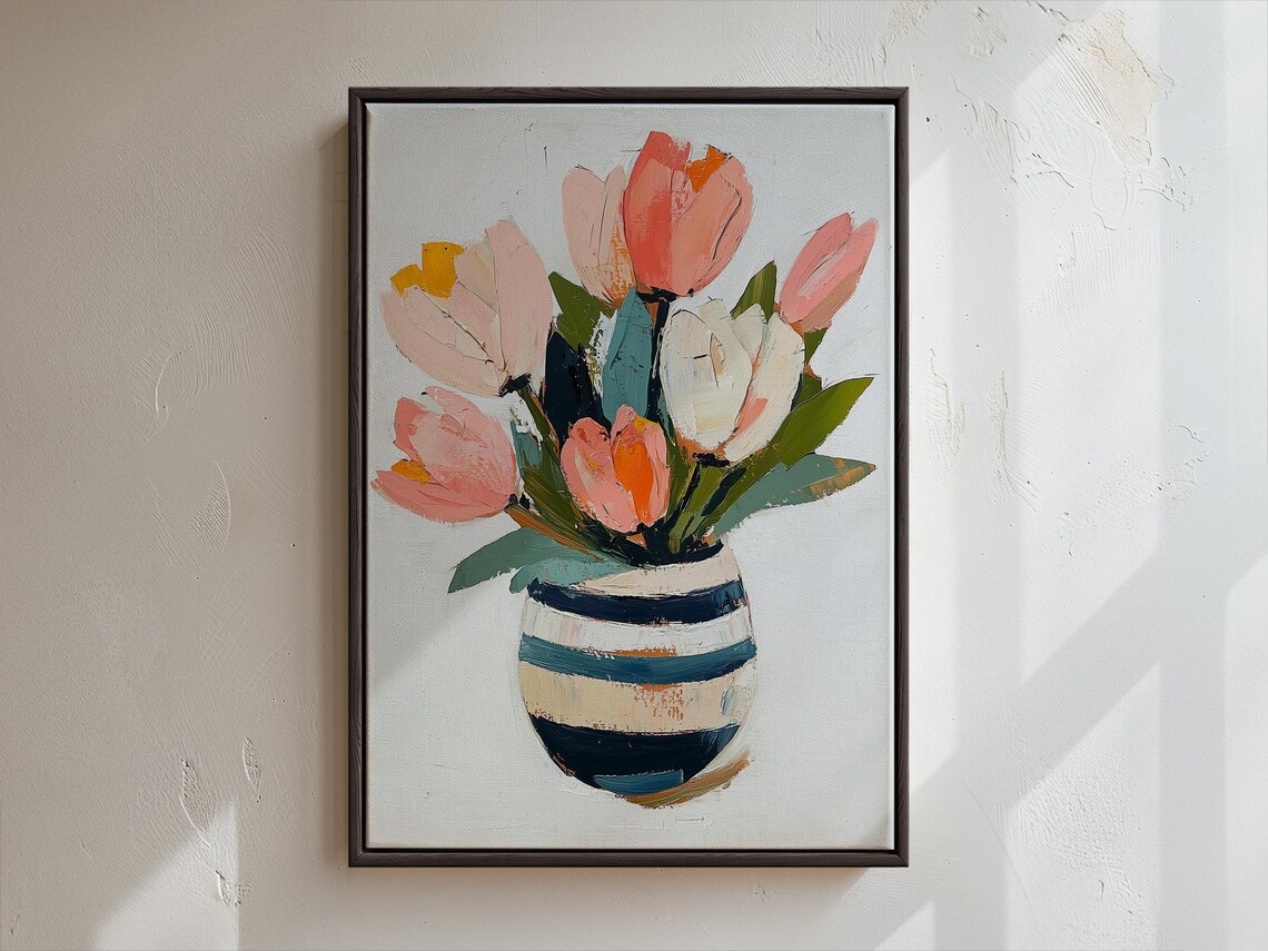 Pink and Coral Tulips in Striped Vase Modern Floral Painting Wall Art - Image 4