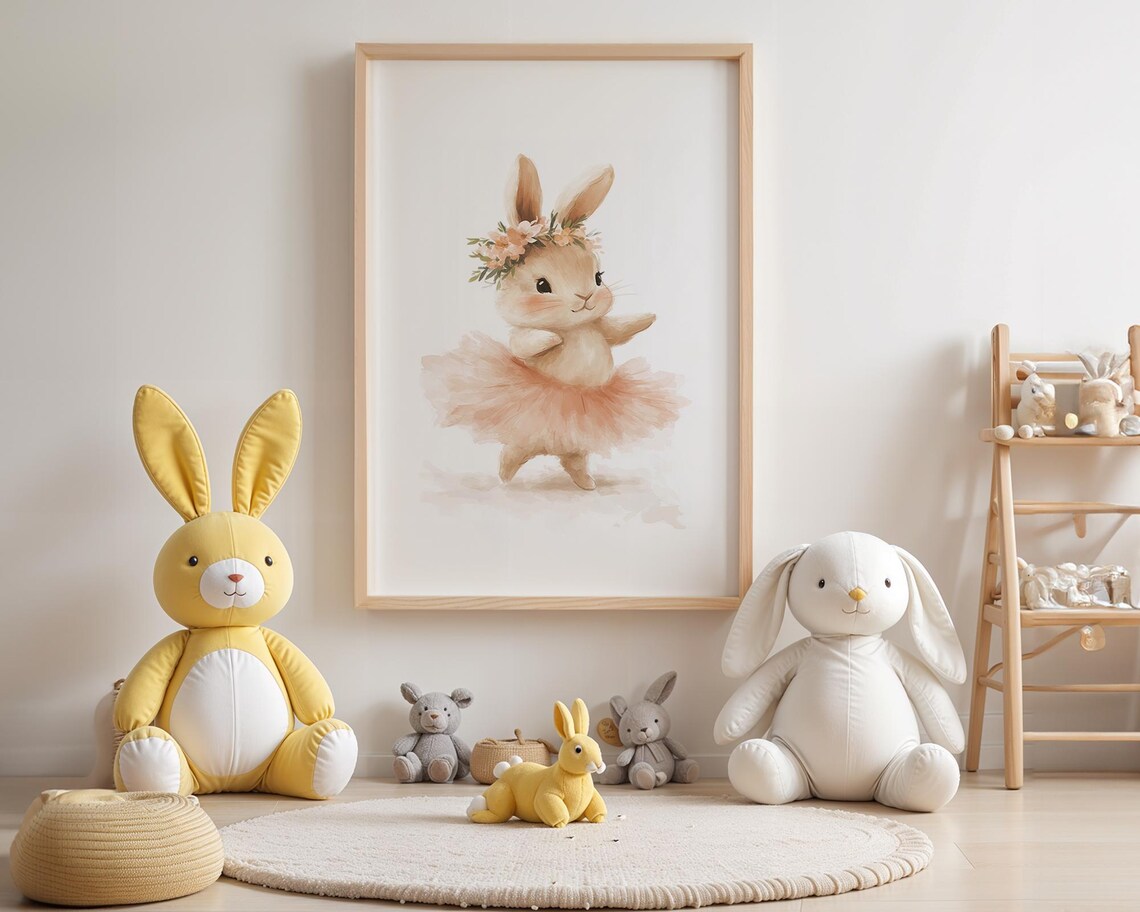 Twirling Ballet Bunny Watercolor Nursery Wall Art in Pink Tutu - Image 4