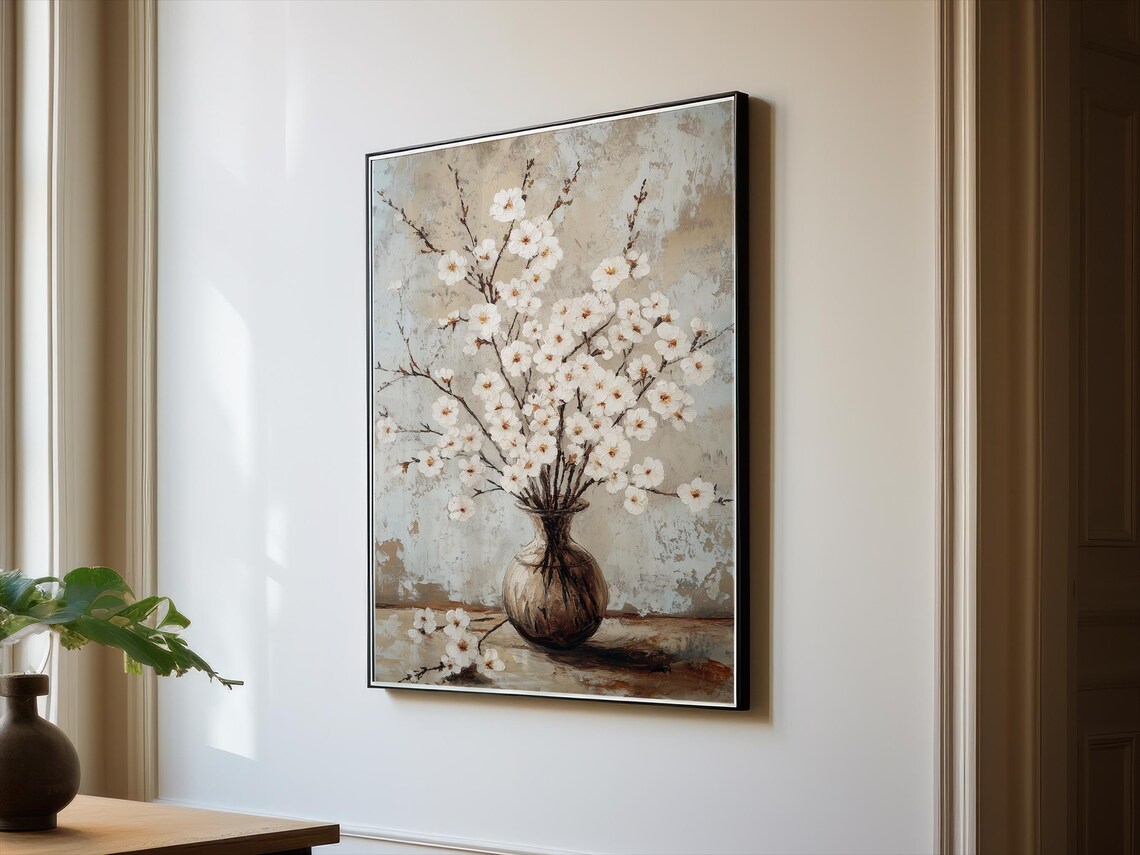 Floral Painting Wall Art Vintage Floral Painting Cherry Blossom Wall Art Classic Still Life Elegant Flowers Art Textured Painting - Image 2