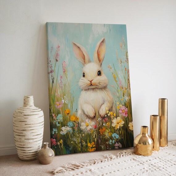 Charming White Bunny in a Colorful Wildflower Field Art Poster