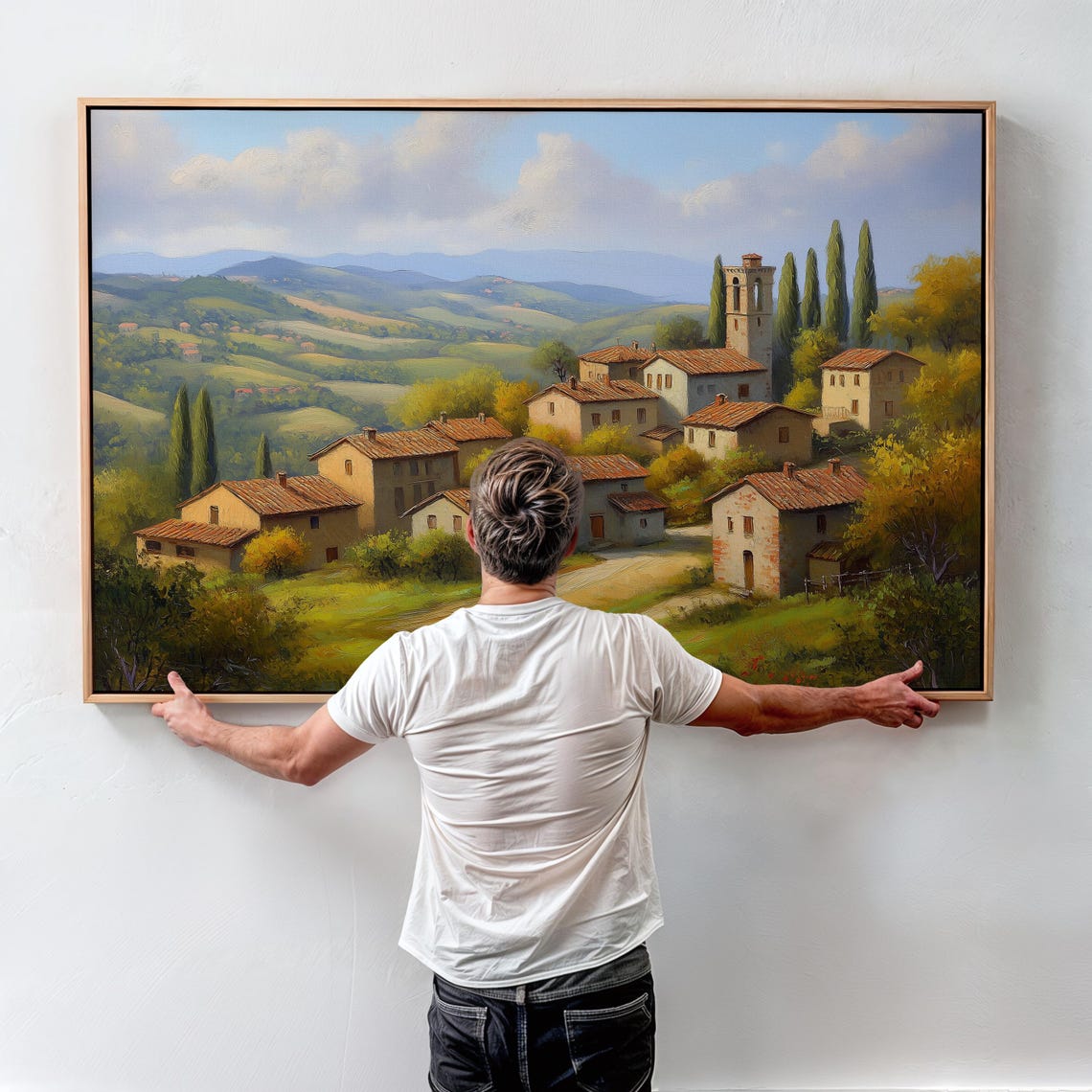 Tuscan Hill Village With Cypress Trees and Bell Tower Poster