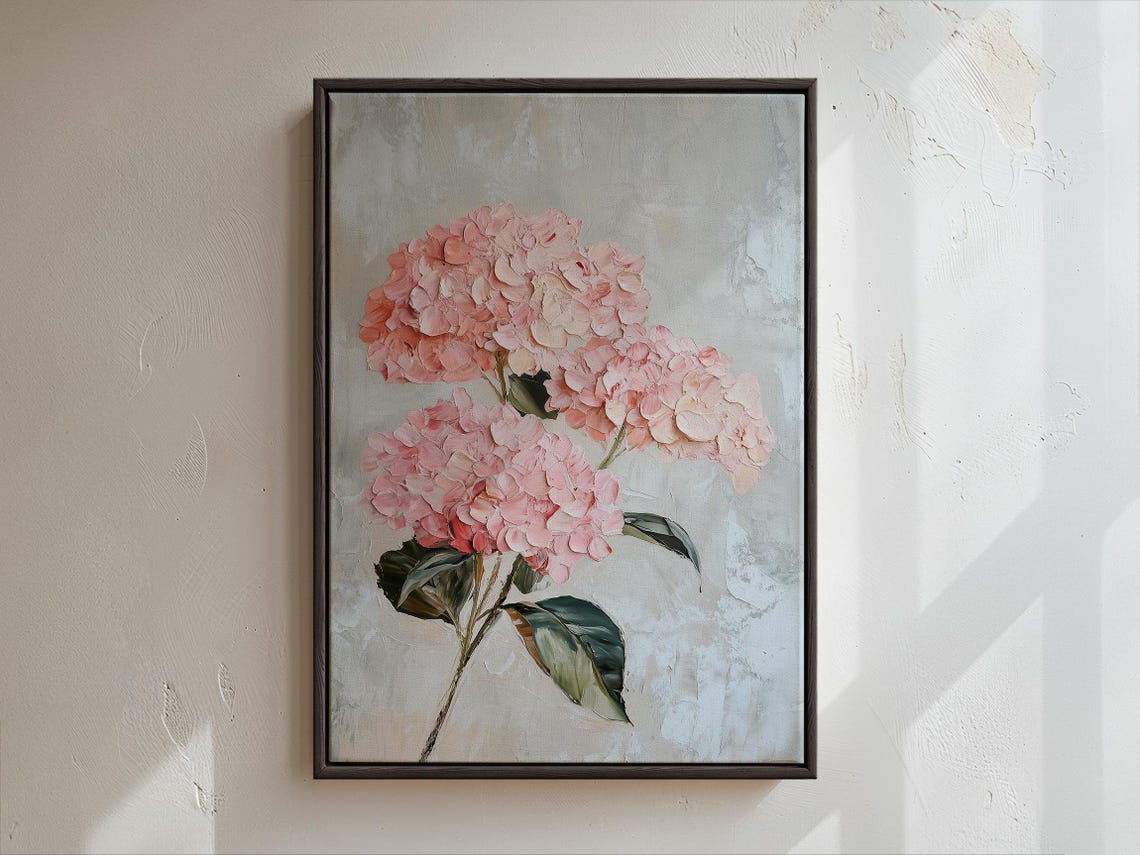 Soft Pink Hydrangea Blossoms Textured Impasto Floral Art Poster - Image 3