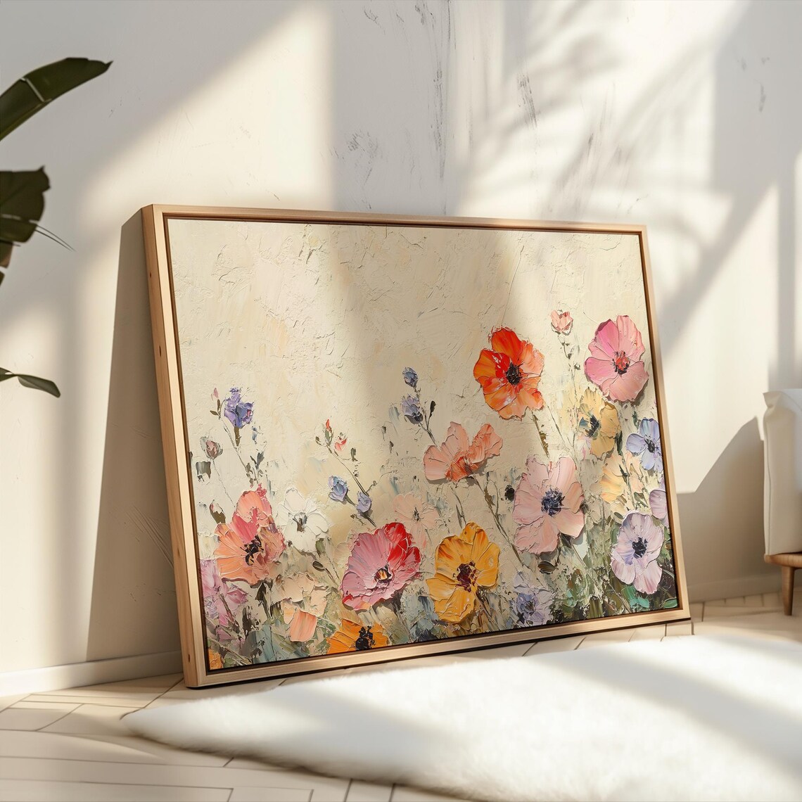 Textured Oil Painting of Coral Poppies on a Cream Canvas Poster - Image 3