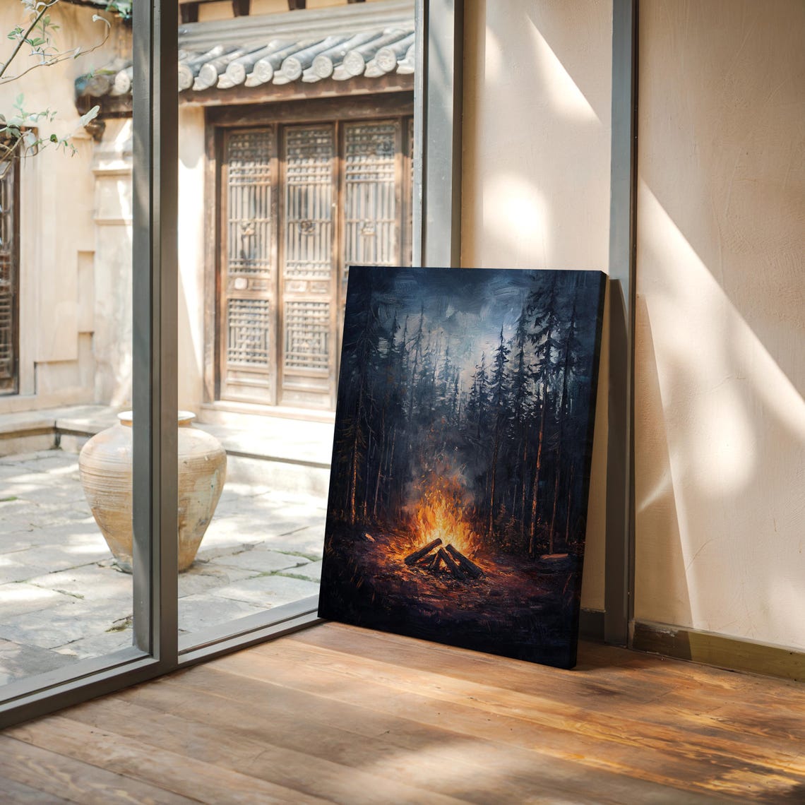 Glowing Campfire in Dark Pine Forest at Night Oil Painting Poster - Image 3