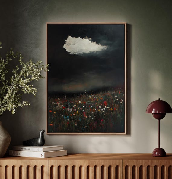 Cloudscape Oil Painting Wall Art Flower Field Wall Decor Floral Landscape Wall Art Moody Sky Painting Art Dark Sky Wall Art