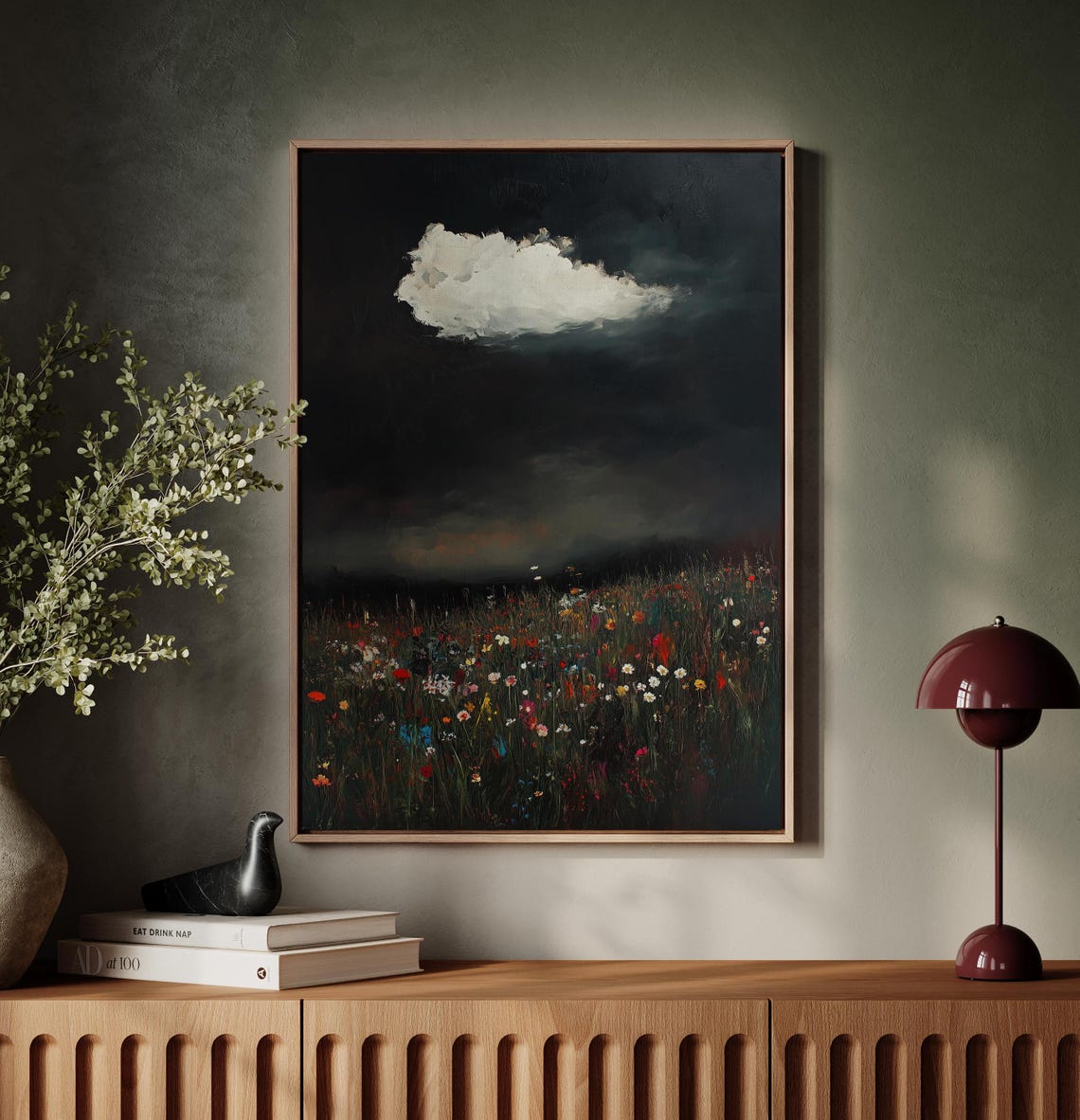 Lone White Cloud Drifting Over a Dark Wildflower Field Poster