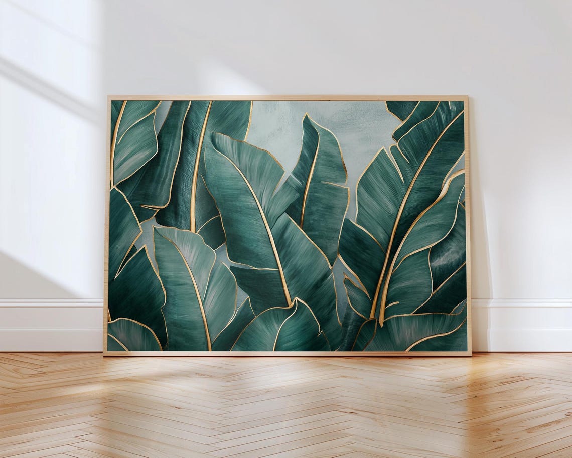 Large Tropical Banana Leaves With Golden Veins Modern Art Poster