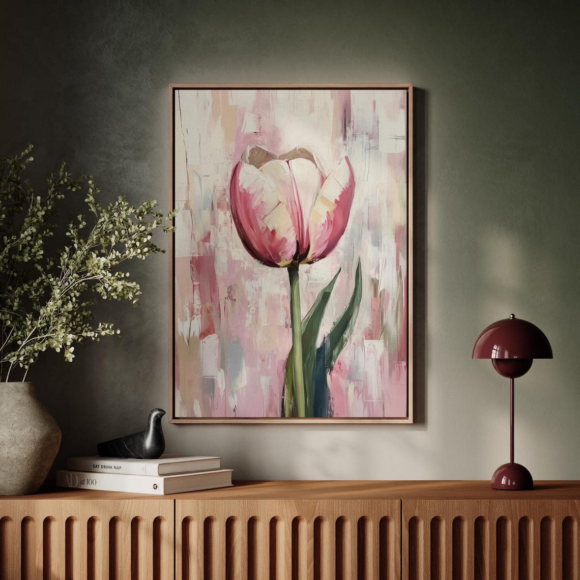 Single Pink Tulip Against a Soft Abstract Floral Background Poster - Image 3