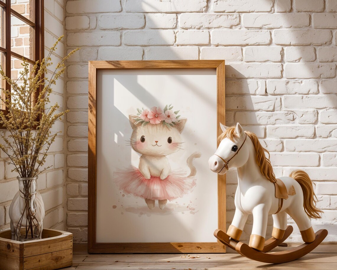 Cheerful Cute Cartoon Cat Ballerina in Pink Tutu Nursery Art Poster
