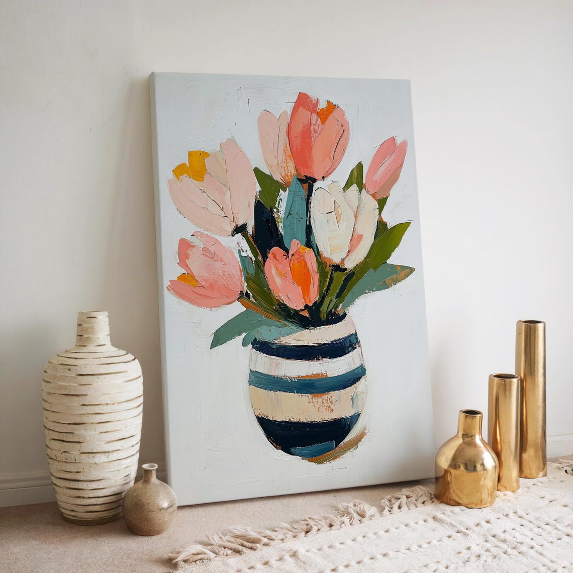 Pink and Coral Tulips in Striped Vase Modern Floral Painting Wall Art - Image 5
