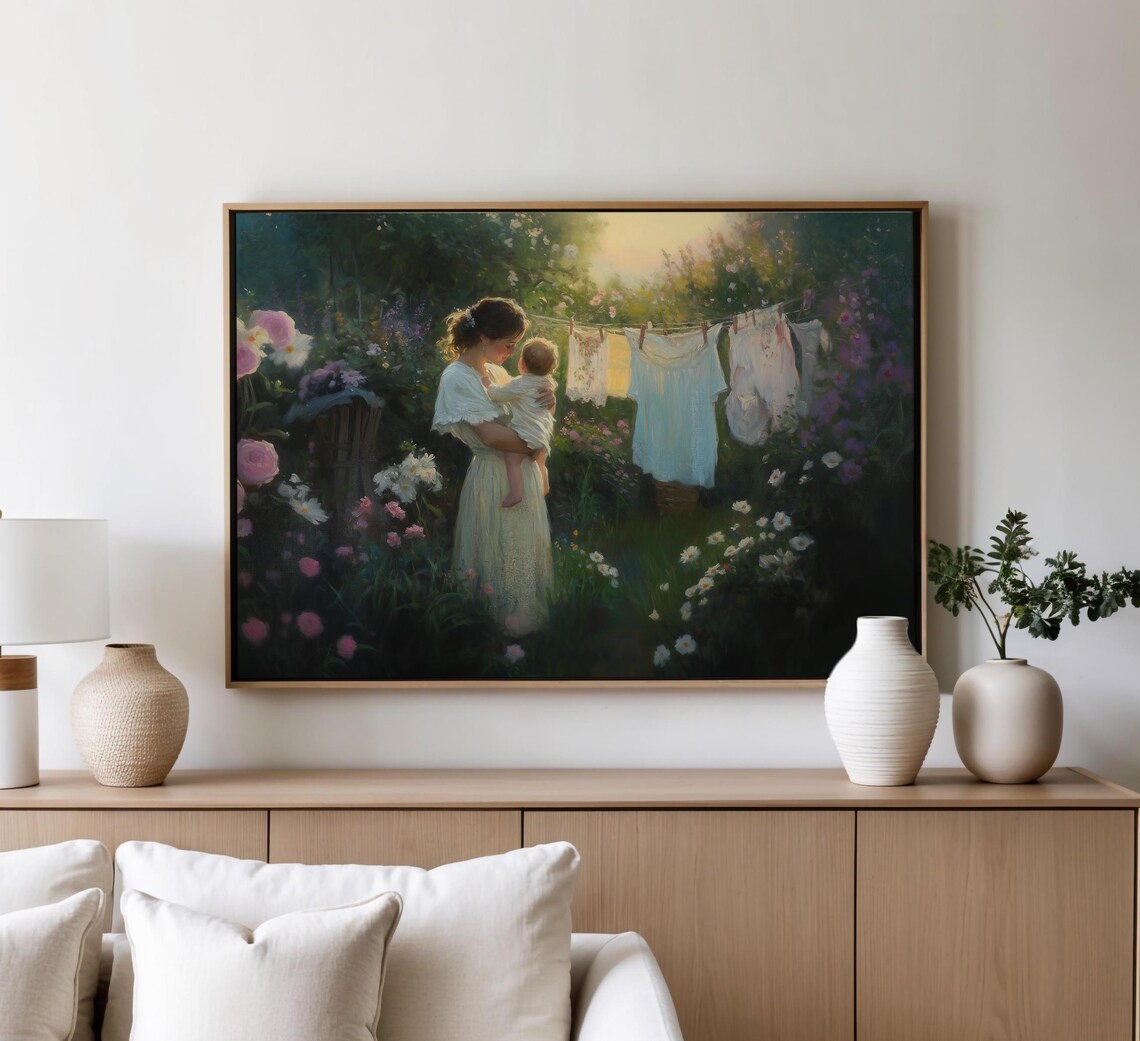 Tender Mother and Child in Flower Garden Impressionist Wall Art - Image 4