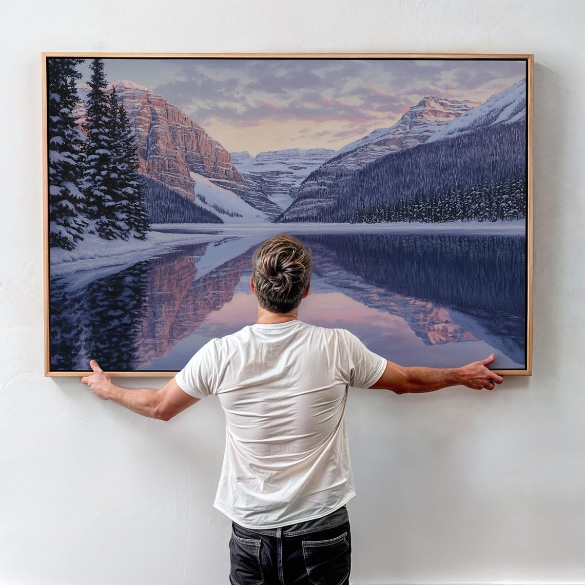 Winter Mountain Lake Mirror Reflection at Soft Pink Dusk Poster
