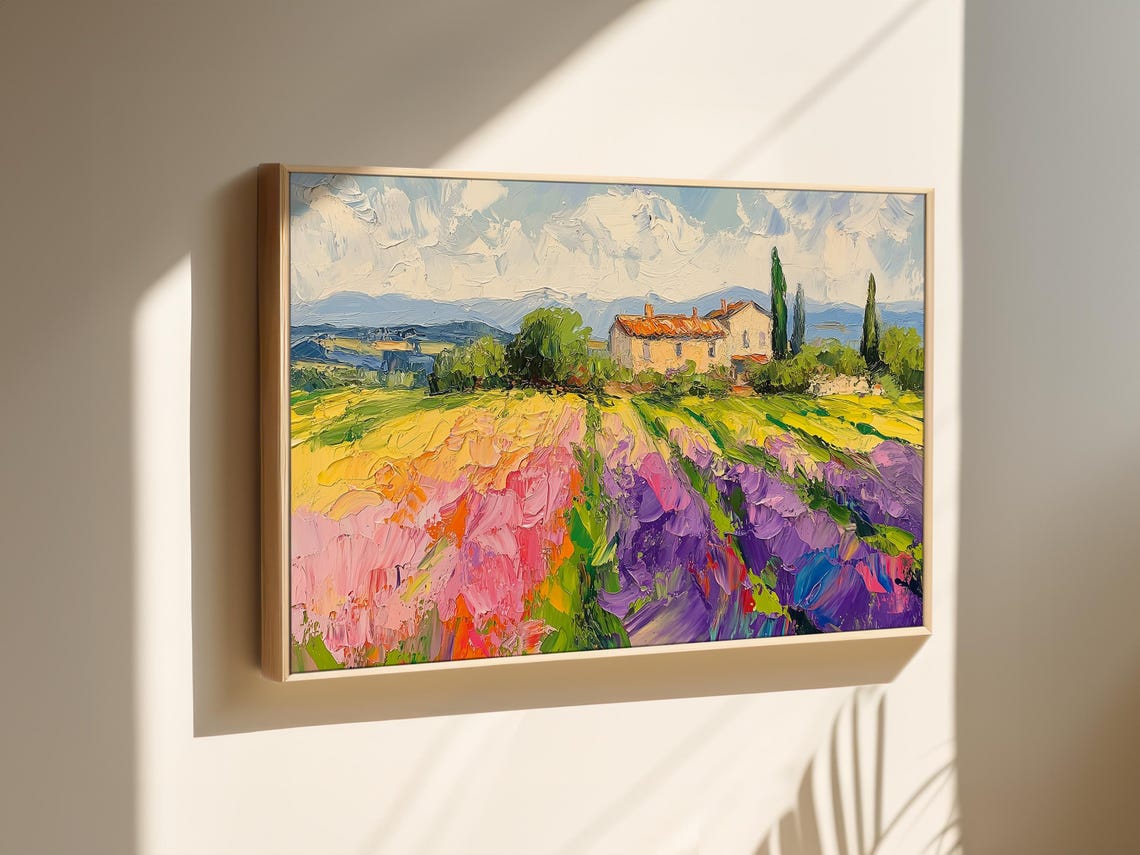 Rustic Farmhouse Among Lavender and Flower Fields Art Poster - Image 2
