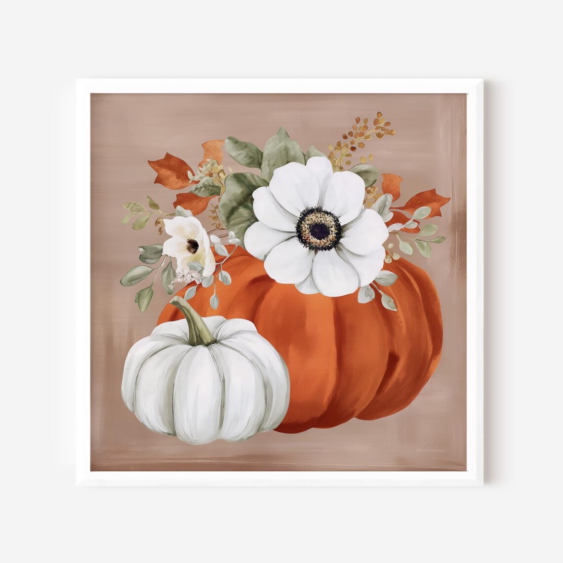 Autumn Pumpkins And White Flowers Botanical Print Cozy Fall Harvest Wall Decor