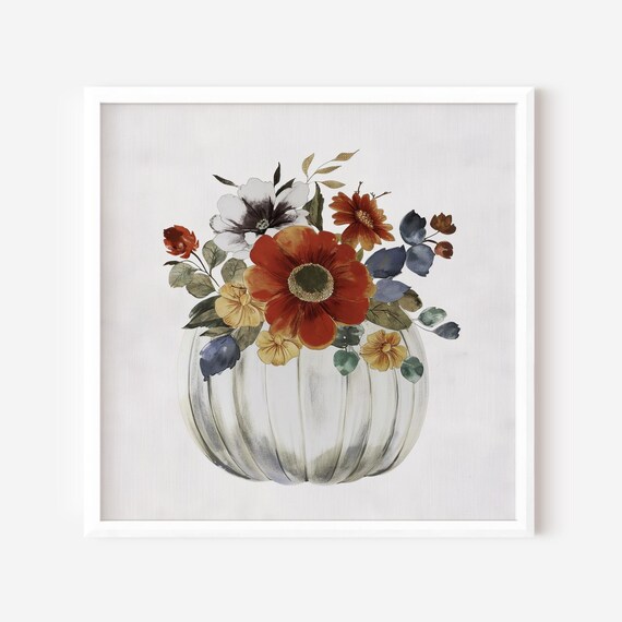 White Pumpkin Bouquet Fall Florals Watercolor Print Autumn Seasonal Wall Decor