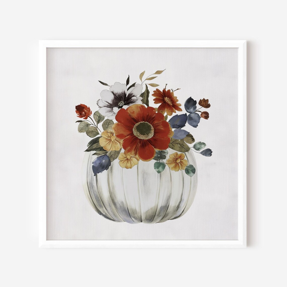 White Pumpkin Autumn Flower Bouquet Watercolor Fall Floral Wall Art Print