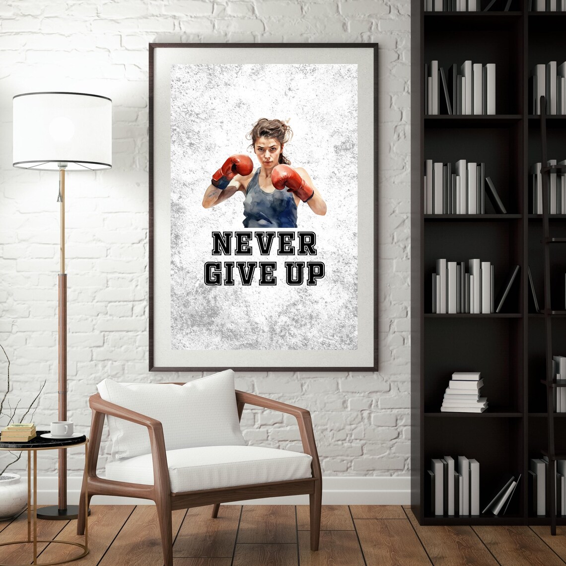 Never Give Up Woman Boxer Red Gloves Sports Motivational Print
