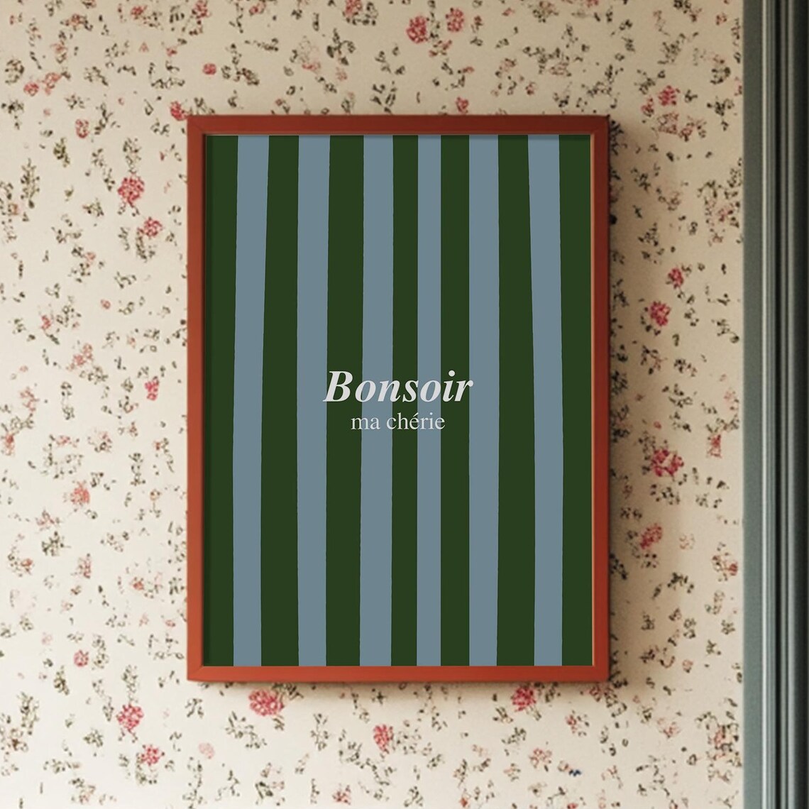 Bonsoir Ma Cherie Green Blue French Greeting Striped Art Poster