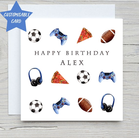 Personalised Birthday Card Print with Football Pizza and Gaming Icons