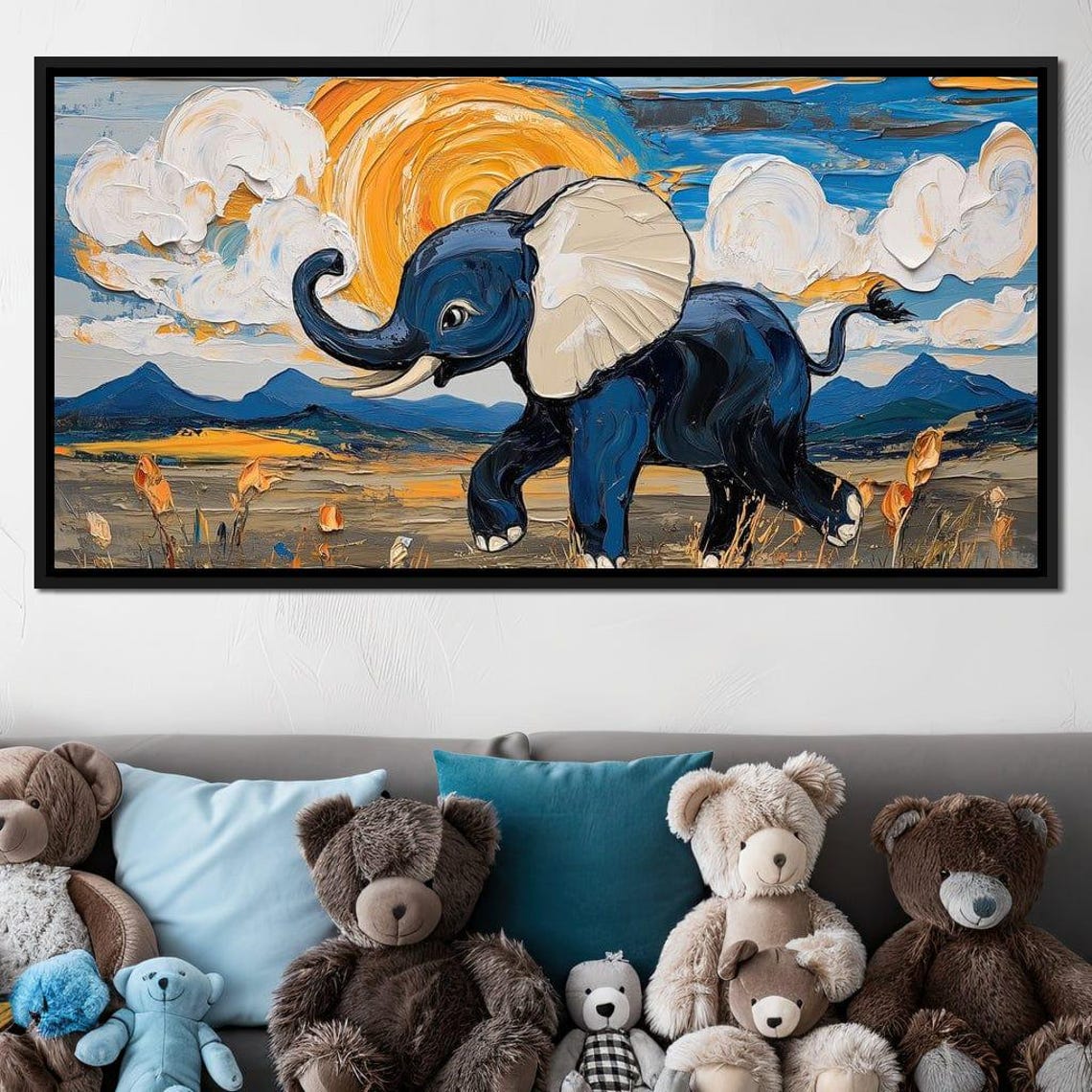 Baby Elephant Golden Sunset Savanna Impasto Oil Painting Style Poster - Image 2