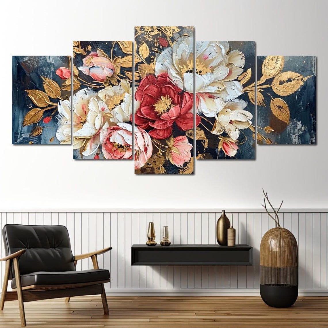 Red White Pink Peonies Gold Leaf Navy Luxury Botanical Print - Image 4
