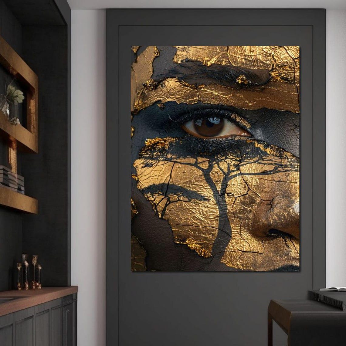 Golden Eye Savanna Tree Black Gold Mystical Portrait Wall Art - Image 3