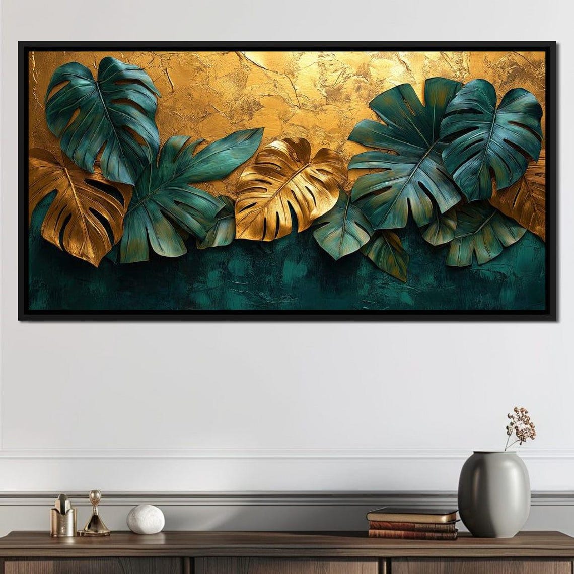 Golden Monstera Leaves Green Teal Luxe Botanical Elegance Wall Art - Image 4