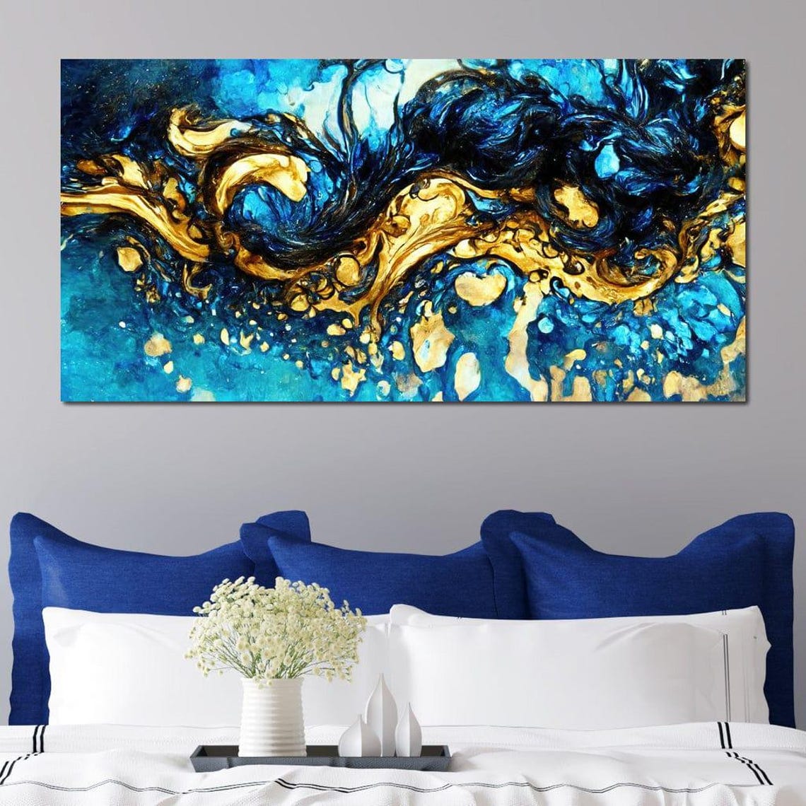 Electric Blue Gold Swirl Ink Waves Framed Abstract Modern Wall Art - Image 4