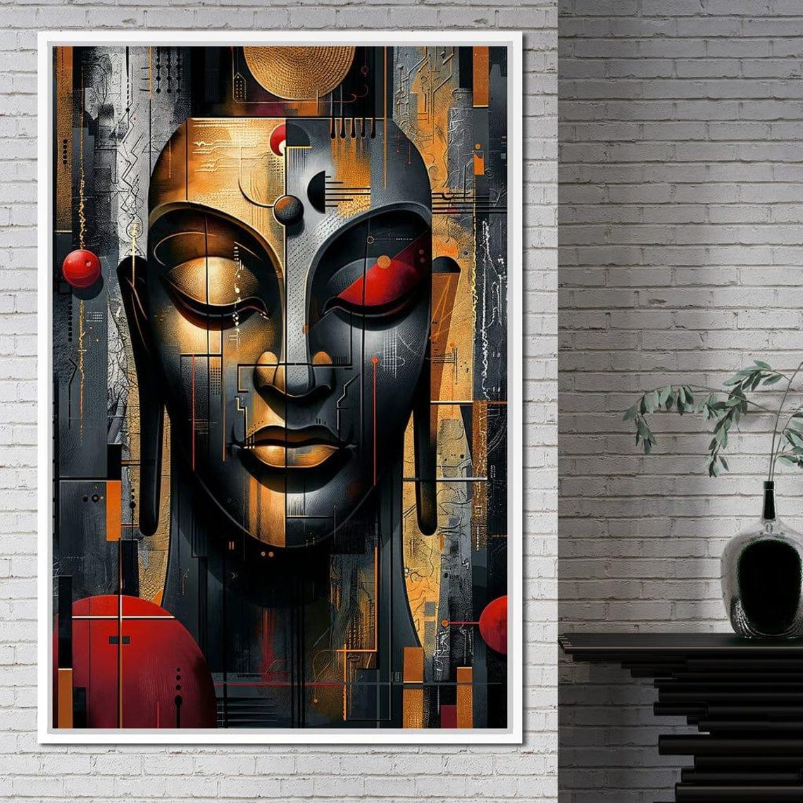 Geometric Buddha Face Abstract Gold Red Modern Spiritual Art - Image 4