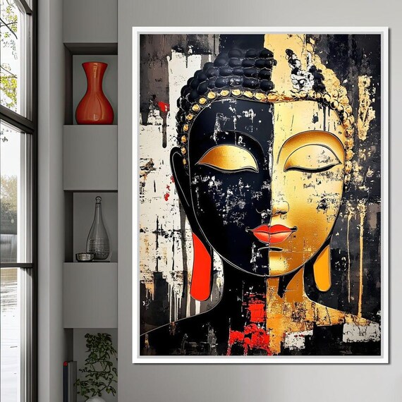 Black Gold Split Face Buddha Zen Abstract Red Lips Spiritual Wall Art Print